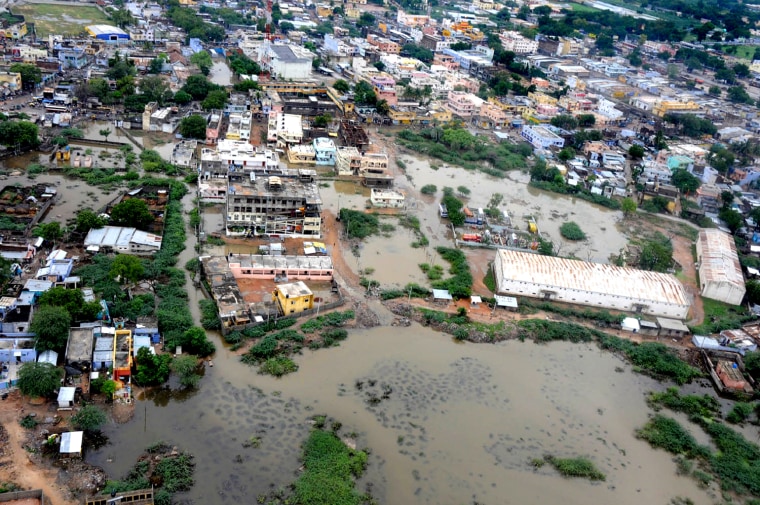Image: An aerial view shows the flood-affected areas of Raichur district