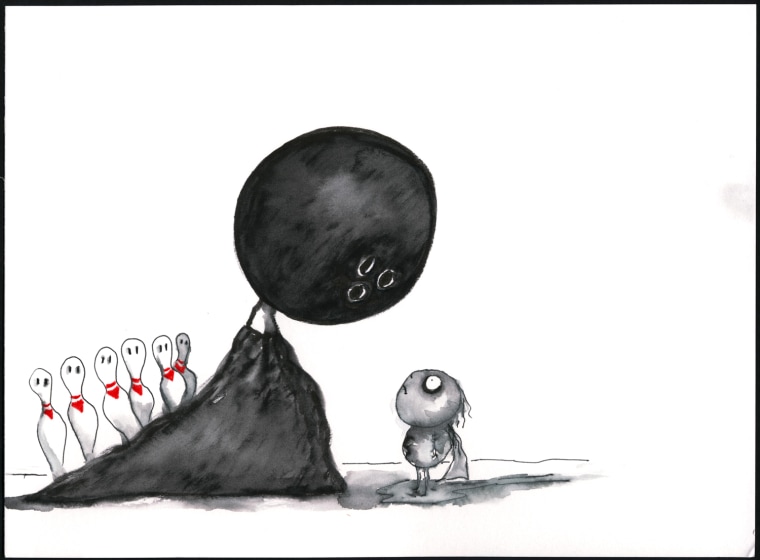 Tim Burton. (American, b. 1958)
Untitled (The World of Stainboy). 2000.
Pen and ink, watercolor wash and colored pencil on paper
Overall: 9 x 12\" (22.9 x 30.5 cm).
Private collection.
© 2009 Tim Burton
