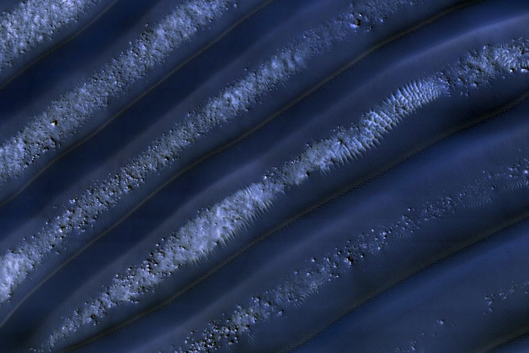 Dunes of sand-sized materials have been trapped on the floors of many Martian craters. This is one example, from a crater in Noachis Terra, west of the giant Hellas impact basin.

The dunes here are linear, thought to be due to shifting wind directions. In places, <images/2009/details/cut/ESP_016036_1370_cut.jpg> each dune is remarkably similar to adjacent dunes, including a reddish (or dust colored) band on northeast-facing slopes. Large angular boulders litter the floor between dunes. 

The most extensive linear dune fields know in the Solar System are on Saturn's large moon Titan. Titan has a very different environment and composition, so at meter-scale resolution they probably are very different from Martian dunes.