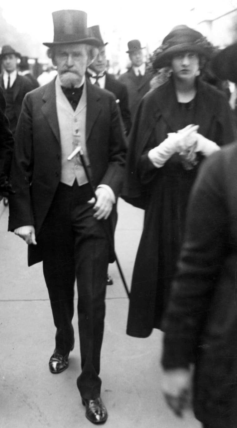 William Andrews Clark and his daughter, Huguette, walk in the Easter Day Parade, 1922, on Fifth Avenue in New York City.