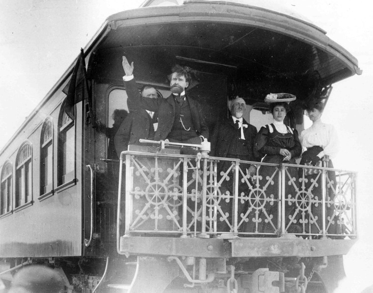 William Andrews Clark in Las Vegas, the seat of Clark County, named for him. Then a United States senator, Clark spoke to a crowd in Las Vegas from his private Pullman railroad car in 1905. Not for reuse without permission of the University of Nevada, Las Vegas.