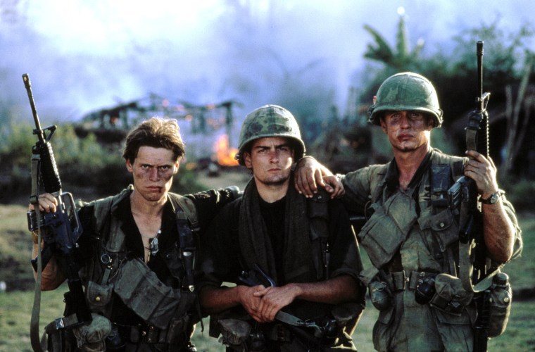 PLATOON, Willem Dafoe, Charlie Sheen, Tom Berenger, 1986. Chris Taylor (Charlie Sheen) is a young, naive American who, upon his arrival in Vietnam, quickly discovers that he must do battle not only with the Viet Cong, but also with the gnawing fear, physical exhaustion and intense anger growing within him. While his two commanding officers (Tom Berenger and Willem Dafoe) draw a fine line between the war they wage against the enemy and the one they fight with each other, the conflict, chaos and hatred permeate Taylor, suffocating his realities and numbing his feelings to man's highest value... life