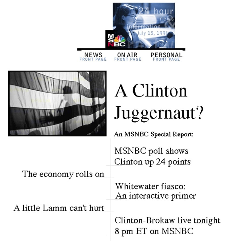 1996: Msnbc.com launches as a joint venture between Microsoft and NBC News, combining the unparalleled resources of two of the most powerful media companies in the world.  Msnbc.com has grown exponentially since its inception and is now an industry leader.