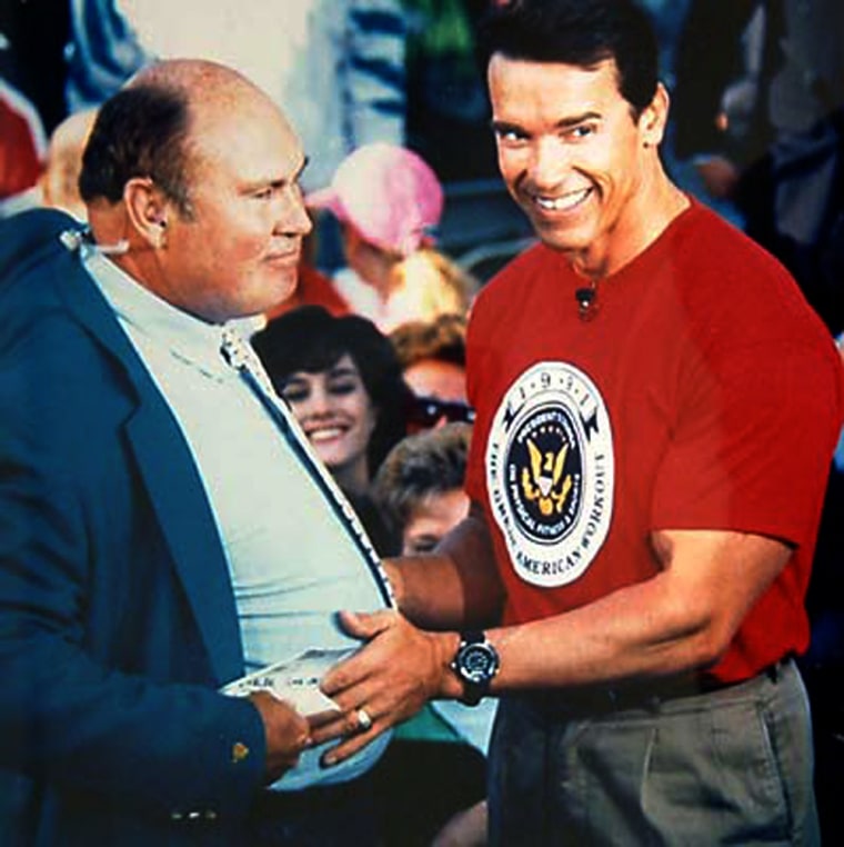 In 1990, Arnold Schwarzenegger was appointed chairman of the President's Council on Physical Fitness and Sports. Here we see Willard Scott discussing fitness tips with Arnold.