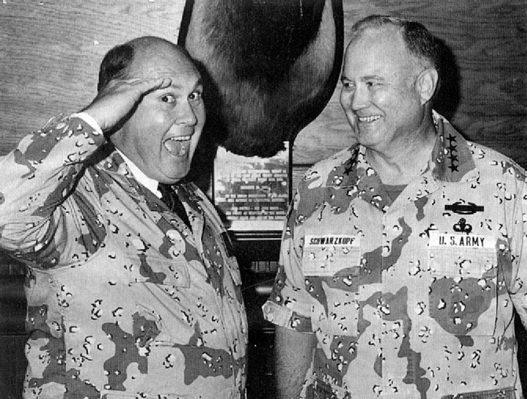 Willard Scott meets General Norman Schwarzkopf. This photo is obviously from the 1991 Persian Gulf War era, during Operation Desert Storm. Judging by the smiles, it was taken after the struggle was clearly going our way.