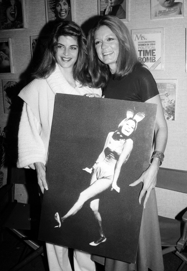 Feminist Gloria Steinmen, right, poses with actress Kirstie Alley, left, who will portray the Ms. Magazine editor in an ABC-TV movie \"A Bunny's Tale\" Oct. 30, 1984 in New York. (AP Photo/David Bookstaver)