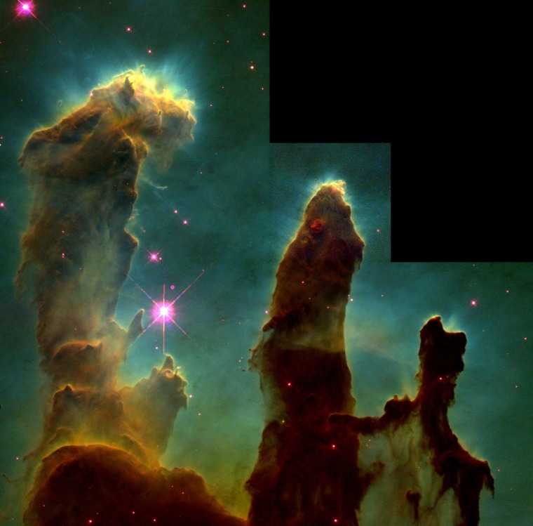 Pillars of creation
Columns of cool hydrogen gas in the Eagle Nebula serve as the incubators for new stars - which look like tiny bubbles within the dark pillars.