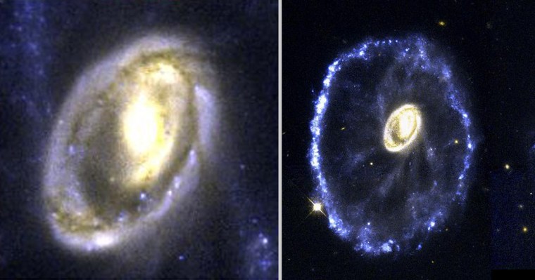Cosmic comets
 
 
In the left image, the Cartwheel Galaxy looks like a wagon wheel in space. A more detailed image of the galaxy\"s hub shows bright, comet-like clouds circling at nearly 700,000 mph.