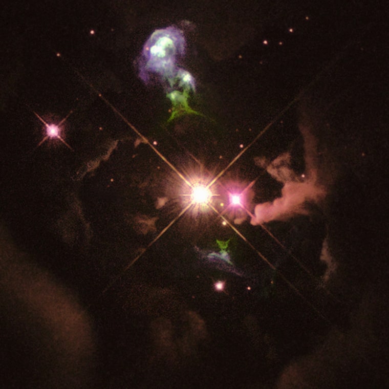 Clouds of glory
HH 32 is an excellent example of a \"Herbig-Haro object,\" which is formed when young stars eject jets of material back into interstellar space. The jets plow into the surrounding nebula, producing strong shock waves that heat the gas and cause it to glow in different colors.
