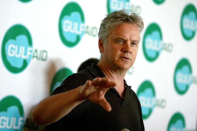 Image: Actor Tim Robbins talks to the media at the Gulf Aid benefit concert at Mardi Gras World in New Orleans