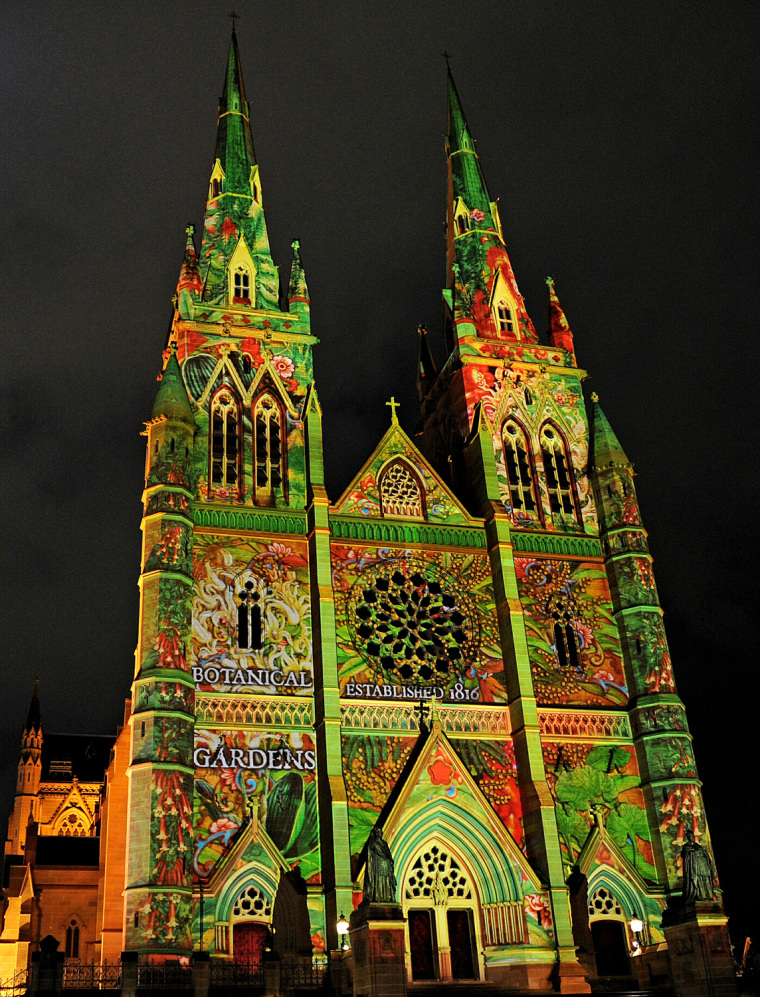 Image: St Mary's Cathedral in Sydney is lit wit