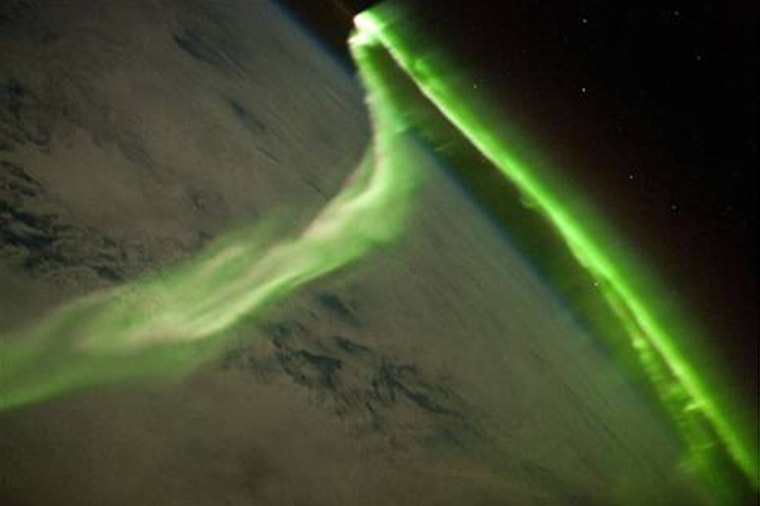 This striking aurora image was taken during a geomagnetic storm that was most likely caused by a coronal mass ejection from the sun on May 24, 2010. The space station was located over the Southern Indian Ocean.