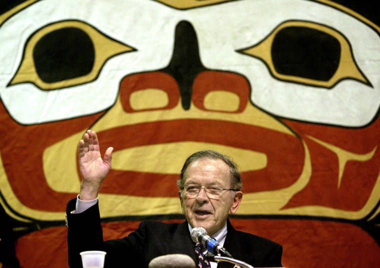 Image: Sen. Ted Stevens, R-Alaska, thanks the Alaska Native people after giving his congressional report to the Alaska Federation of Natives convention
