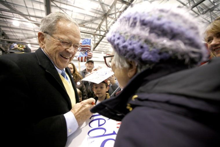 Image: U.S. Sen. Ted Stevens, R-Alaska, greets supporters during a welcome home rally in Anchorage, Alaska