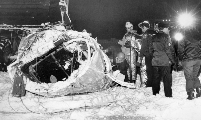 Image: Authorities examine the wreckage of a plane crash at Anchorage International Airport that killed Sen. Ted Stevens' first wife, Ann in Dec. 1978