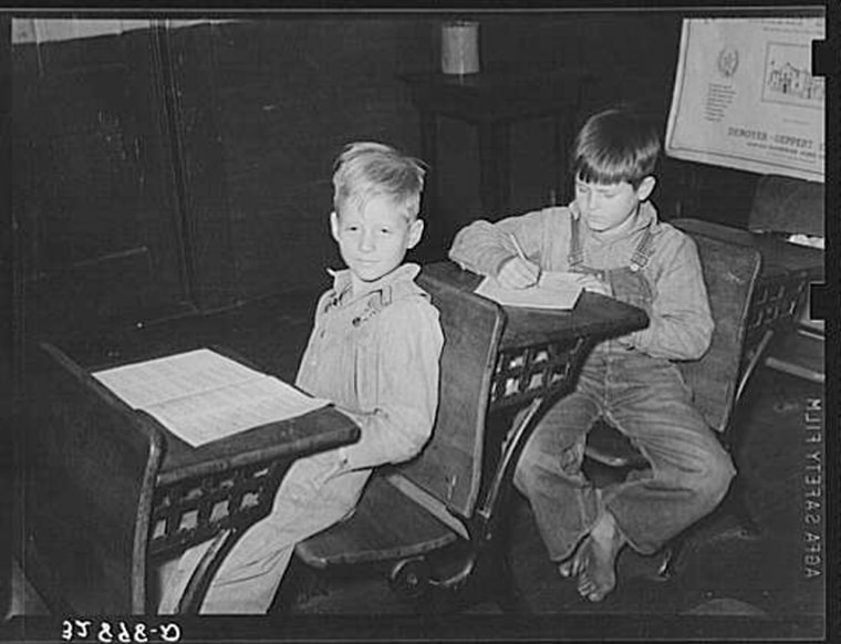 Children in rural school. San Augustine County, Texas. Boy on left has hookworm. The hookworm infestation of rural children is high in this section
Lee, Russell, 1903-1986, photographer 
1939 Apr.