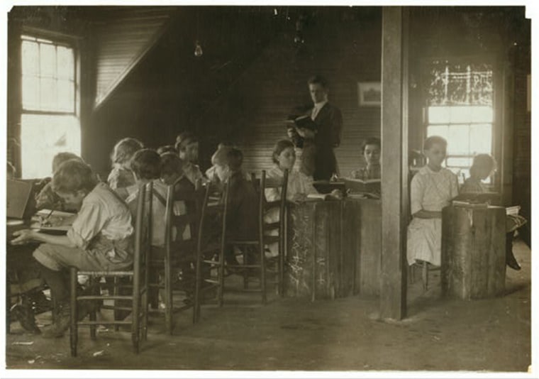 Dotheboys Hall in session tucked away upstairs over the store. Equipped with antique, dilapidated benches and chairs. The lessons begin at 6 A.M. and last for six hours, and these children who attend in the morning go into the mill in the afternoon and vice versa for the required eight weeks, which the law specifies. Taking everything into consideration it shows what travesty vocational guidance may become, and is in itself the best example of Dotheboys Hall I have ever seen, except that it is not half so practical as was Squeer's school. See Hine report. Location: Huntsville, Alabama.Hine, Lewis Wickes, 1874-1940
1913 December.