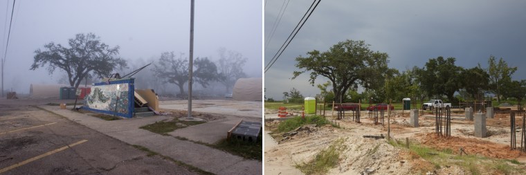 After the storm, all that remained of Waveland's city hall was the mural at left. You can see a story about the artist who created it here. Now a new city hall is under construction at the site.