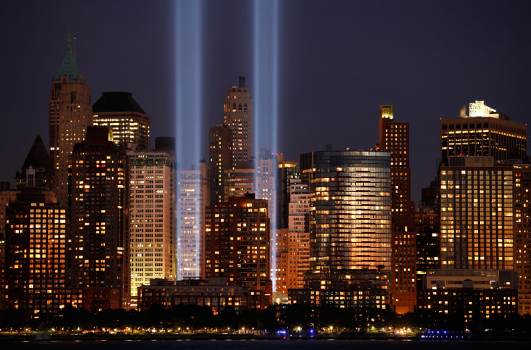 Image: The \"Tribute in Lights\" illuminates the sky over lower Manhattan on the ninth anniversary of the attack on the World Trade Center in New York