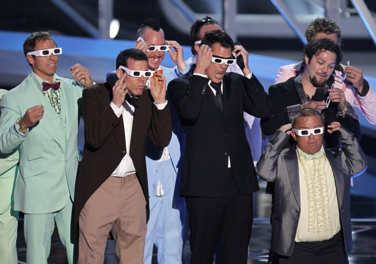 Image: The cast of Jackass 3D put on 3D glasses as they introduce an act at the 2010 MTV Video Music Awards in Los Angeles
