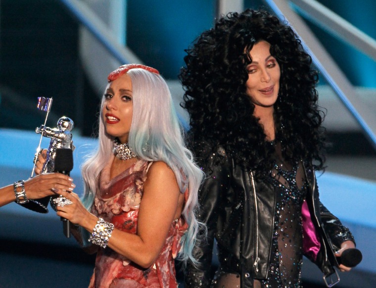 Image: Lady Gaga holds her video of year award with presenter Cher at the 2010 MTV Video Music Awards in Los Angeles