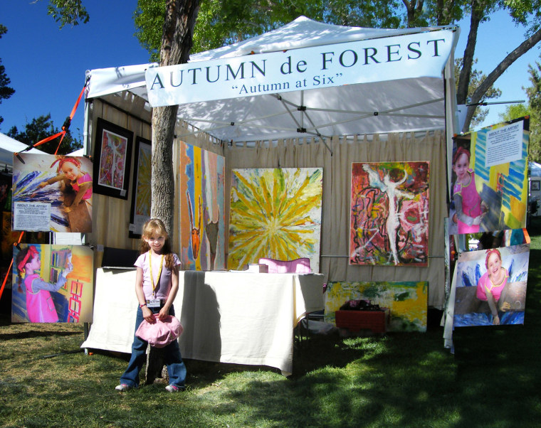 #5800131 ***EXCLUSIVE, SPECIAL FEES***

Autumn de Forest at a local art fair aged 7 in 2009 in Las Vegas, Nevada. She is presenting the work she completed aged six, the year she discovered her full talent.

Eight year old Autumn de Forest is considered to be an artistic genius, displaying talents well beyond her years. Drawing influence from George O'Keefe and Andy Warhol the young resident of Las Vegas is seen as the world's youngest conceptual and abstract artist, expressing her ideas through surreal portraits and landscapes. Taking up painting at the age of five after observing her father staining a piece of wood, Autumn used the leftovers to stain her own piece of wood and displayed the beginnings of her incredible skill. Now, three years on, Autumn's paintings mostly sell for as much as £15,000 and are usually painted on 4 foot by 5 foot canvases in oil.


Restriction applies: USA ONLY - NO NEW YORK NEWSPAPERS

 Fame Pictures, Inc - Santa Monica, CA, USA -  (310) 395-0500
