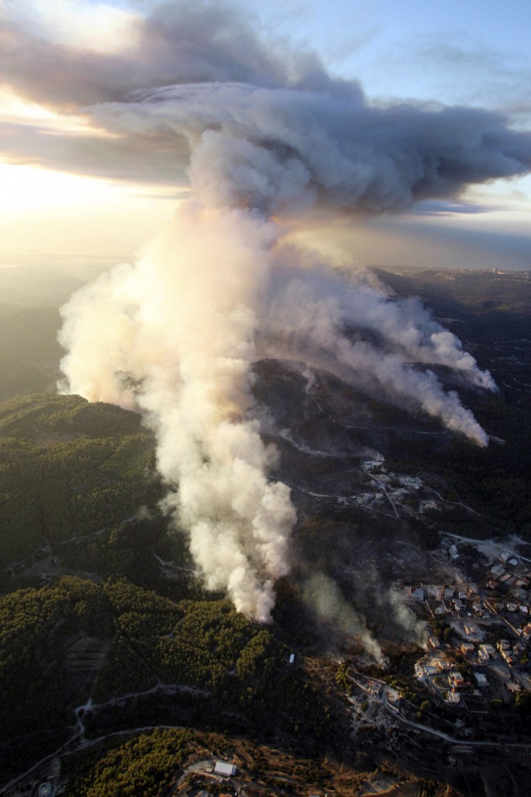 Image: Aerial view of a fire that broke out in the Carmel Forest, near the northern Israeli city of Haifa