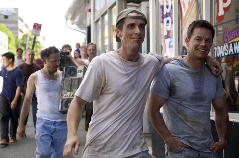 Christian Bale as Dickie Eklund and Mark Wahlberg as 'Irish' Mickey Ward in The Fighter.