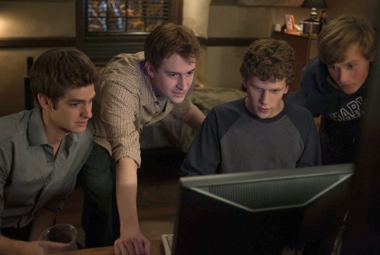 L-r, Andrew Garfield, Joseph Mazzello, Jesse Eisenberg and Patrick Maple in Columbia Pictures' \"The Social Network.\"