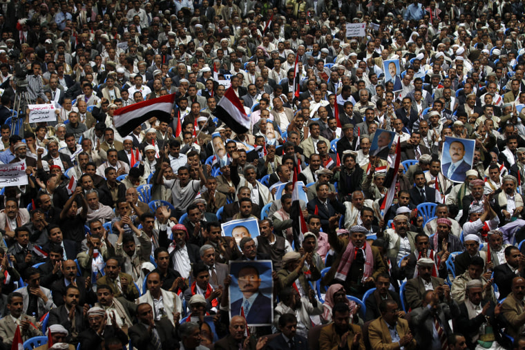 Image: Supporters of Yemen's President Ali Abdullah Saleh attend a gathering addressed by Saleh in Sanaa