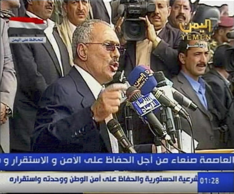 Image: Yemeni President Ali Abdullah Saleh speaks to his supporters in Sanaa