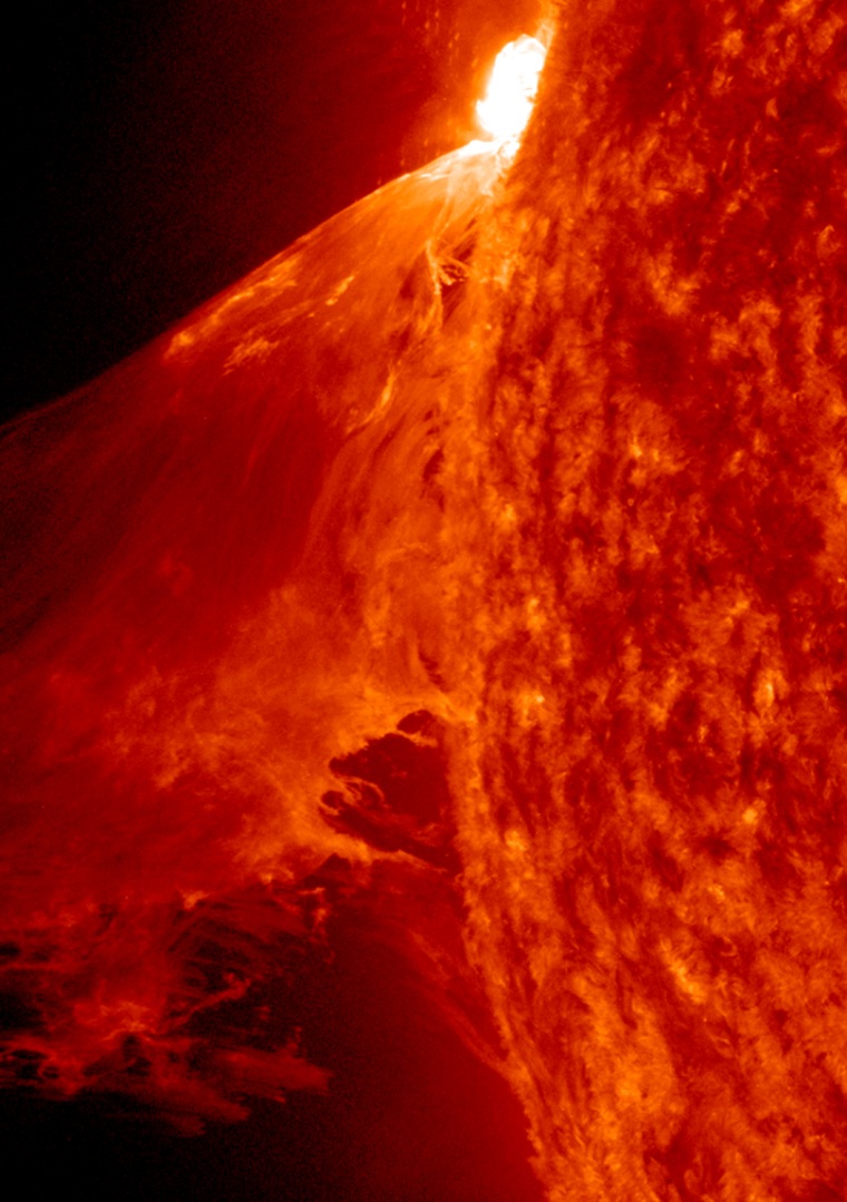 http://sdo.gsfc.nasa.gov/gallery/potw.php?v=item&id=43

Monster Prominence

When a rather large-sized (M 3.6 class) flare occurred near the edge of the Sun, it blew out a gorgeous, waving mass of erupting plasma that swirled and twisted over a 90-minute period (Feb. 24, 2011). This event was captured in extreme ultraviolet light by NASA's Solar Dynamics Observatory spacecraft . Some of the material blew out into space and other portions fell back to the surface. Because SDO images are super-HD, we can zoom in on the action and still see exquisite details. And using a cadence of a frame taken every 24 seconds, the sense of motion is, by all appearances, seamless. Sit back and enjoy the jaw-dropping solar show.