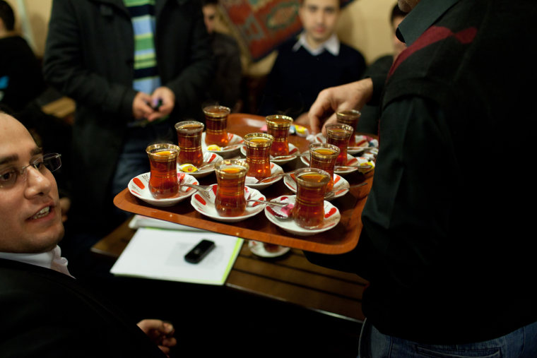 cay (tea) is the standard drink day and night in the many cafes and tea-rooms around Turkey.  Nargile cafes, where the traditional water pipe is smoked tend to be alcohol free.