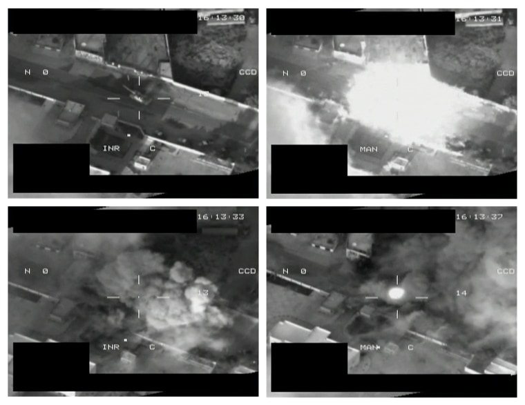 Image: A combination photo shows a Libyan tank being destroyed by a missile fired by a NATO Tornado fighter jet in Libya