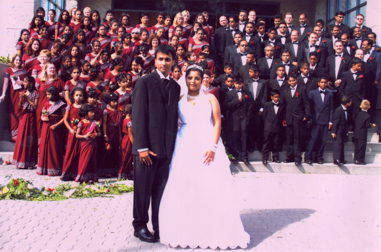 Most Bridesmaids: Accompanied by 79 bridesmaids, ages 1 to 79, bride Christa Rasanayagam married Arulanantham Suresh Joachim at Christ the King Catholic Church in Mississauga, Ontario, on Sept. 6, 2003 and Most Groomsmen: Joachim was accompanied by 47 groomsmen from ages 2 and 63 in his 2003 wedding to Rasanayagam.