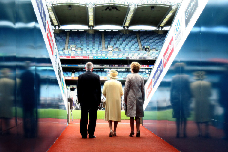 Image: Britain's Queen Elizabeth enters Croke Park stadium in Dublin