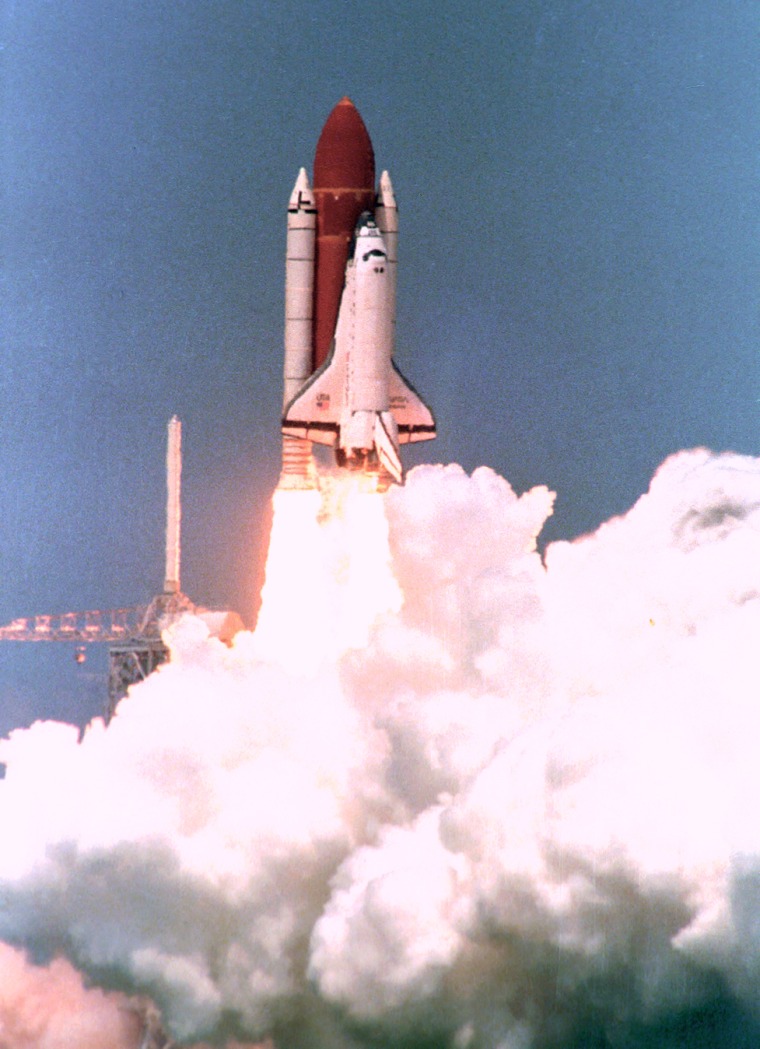 U.S. Space Shuttle orbiter Atlantis lifts off from Pad 39-B through a cloud of steam for a successful launch with a crew of five aboard from Kennedy Space Center, Fla., Thursday afternoon, May 4, 1989.  This mission will deploy the Magellan satellite which will map 90 percent of the planet Venus.  (AP Photo/Phil Sandlin)
