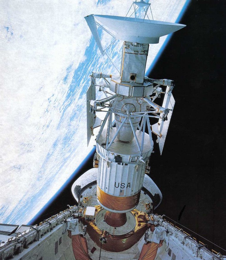 The Magellan spacecraft is deployed from the cargo bay of the Space Shuttle Atlantis (STS 30) in 1989. Magellan was the first planetary spacecraft launched from the Space Shuttle.
