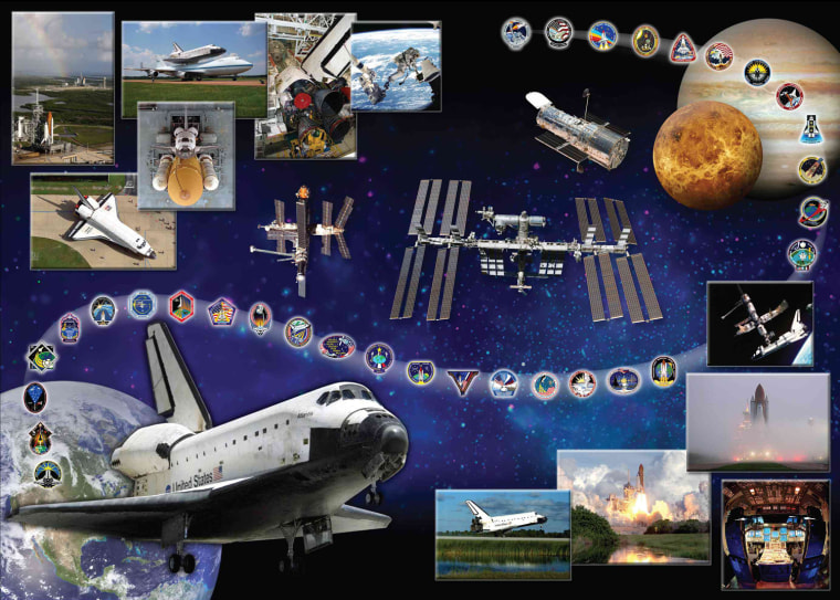 This is a printable version of space shuttle Atlantis' orbiter tribute, or OV-104, which hangs in Firing Room 4 of the Launch Control Center at NASA's Kennedy Space Center in Florida. In the lower-left corner, it features Atlantis soaring above Earth and threaded through the design are the mission patches for each of Atlantis' flights. Atlantis' accomplishments include seven missions to the Russian space station Mir and several assembly, construction and resupply missions to the International Space Station. Atlantis also flew the last Hubble Space Telescope servicing mission on STS-125. In the tribute, the planet Venus represents the Magellan probe being deployed during STS-30, and Jupiter represents the Galileo probe being deployed during STS-34. The inset photos illustrate various aspects of shuttle processing as well as significant achievements, such as the glass cockpit and the first shuttle docking with Mir during STS-71. The inset photo in the upper-left corner shows a rainbow over Atlantis on L