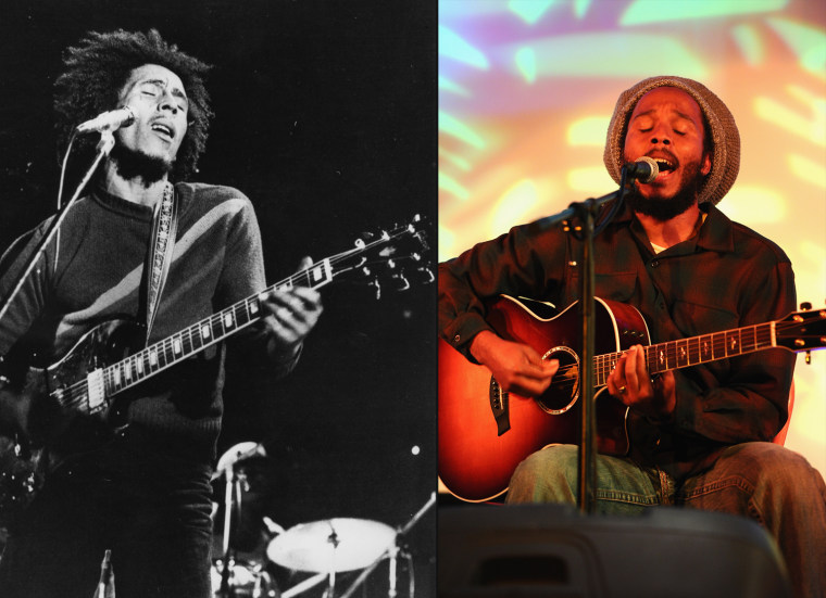 circa 1974:  Bob Marley (1945 - 1981) , the singer, guitarist and composer of reggae music in concert.  (Photo by Gary Merrin/Keystone/Getty Images)

LOS ANGELES, CA - OCTOBER 14:  Singer Ziggy Marley performs at the Healthy Child Healthy World Annual Gala on October 14, 2010 in Los Angeles, California.  (Photo by Alberto E. Rodriguez/Getty Images) *** Local Caption *** Ziggy Marley
