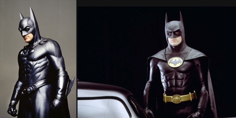 Batman and Robin  - George Clooney 1997.
 1989 film Batman, directed by Tim Burton with Batman played by Michael Keaton.