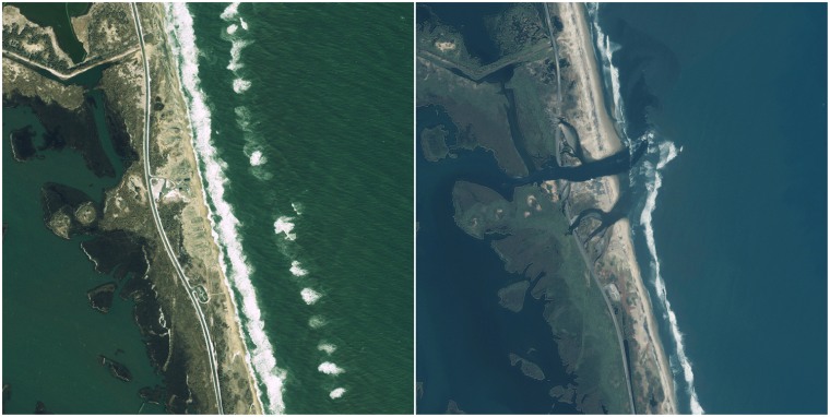 Image: GeoEye handout images show before and after views of Rodanthe following Hurricane Irene