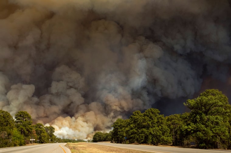 Massive plumes of smoke block the sky on Highway 71 east of Bastrop on Monday Sept. 5, 2011.