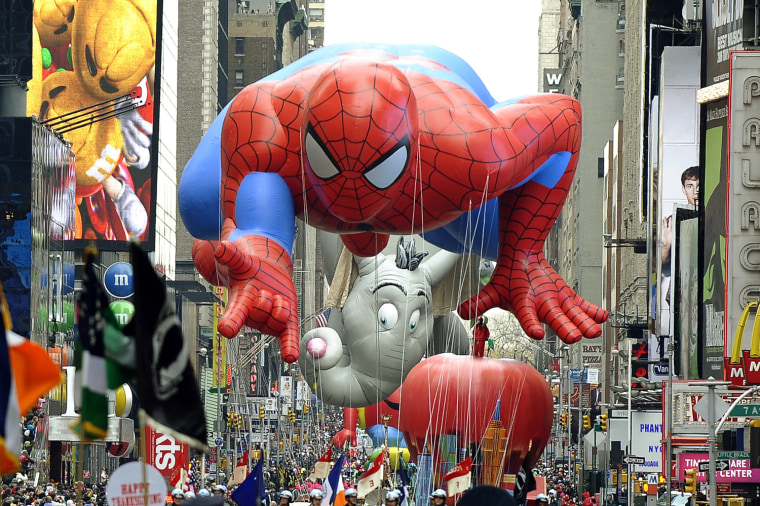 Spiderman floats down Broadway in Times