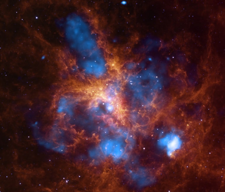 Image: A large region of star formation about 160,000 light years away in the Large Magellanic Cloud.