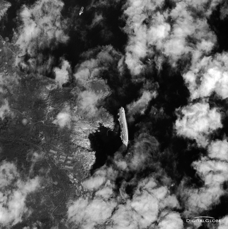 A satellite image shows the wreck of the Costa Concordia off the island of Giglio, Italy, on January 17, 2012. The luxury cruise ship ran aground on January 13, 2012.