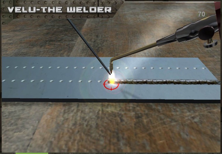 Velu the Welder 
Welding is a method used for binding metal or nonmetal structures. In this game an apprentice by name Velu gets basic training in the art of welding. The game is designed to expose one to basic skill sets aimed at getting acquainted with the craft of welding. Developed as a technology demonstrator for the National Skills Development of India, this game will be used to train millions of apprentices in a cost effective way. The objective of the game is to introduce the apprentice to two types of welding - gas and arc, and is designed to have five tasks. In the first two tasks he learns hand coordination and movement using gas welding. In the remaining sets he is exposed to arc welding to join four pieces of metals to build the frame. The game is best played using a Nintendo Wii Remote which mimics the actual welding gun. For competition purposes we appropriated it for the mouse. 
[Image courtesy of Muralitharan Vengadasalam, Ganesh Venkat, Vignesh Palanimuthu, Fabian Herrera and Ashok M