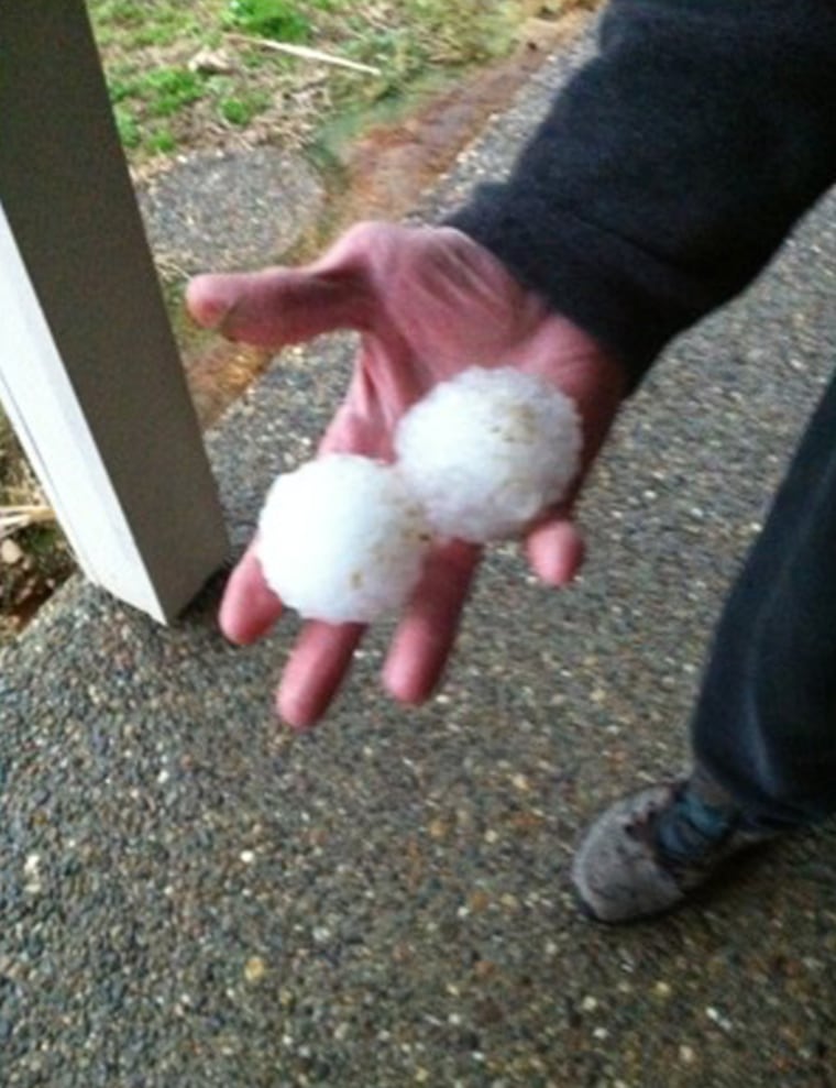 Two of many large pieces of hail that fell on Friday in Henryville, Indiana.