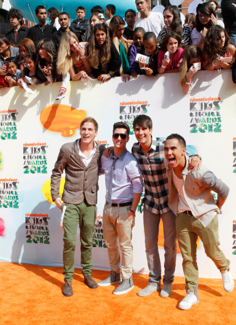 Image: Members of the pop boy band Big Time Rush at Nickelodeon's 25th annual Kids' Choice Awards in Los Angeles
