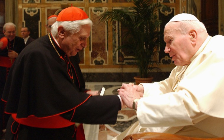 Image: THE POPE GREET GERMAN CARDINAL RATZINGER AT THE VATICAN.